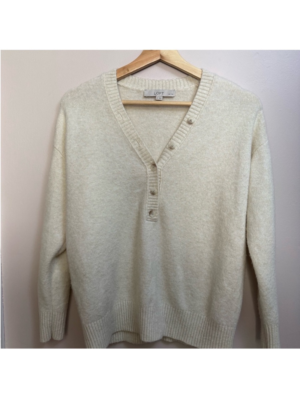LOFT Cream V-Neck Button Pullover Sweater